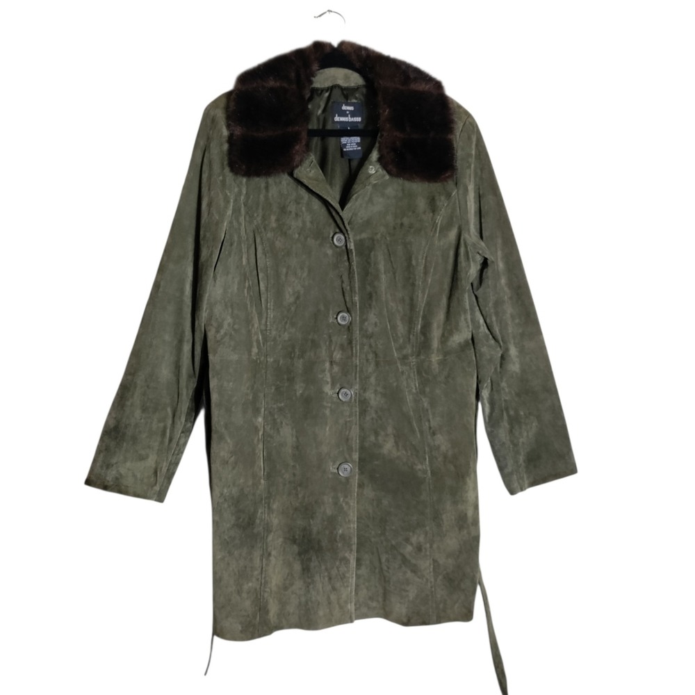 Dennis by Dennis Basso Olive Greenā Suede Leather Coat Faux Fur Collar Large